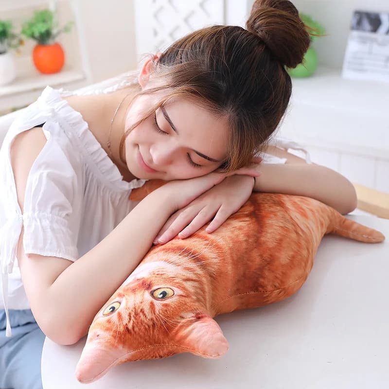 Almofada de pelúcia gato sentado laranja macia 50cm usada como apoio para descanso