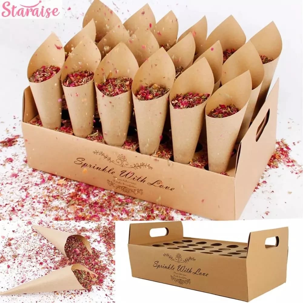 Bandeja de papel kraft para casamento, caixa de suporte de cone de confete, decoração rústica de casamento, cones de confete de casamento, conjunto de cones de casamento