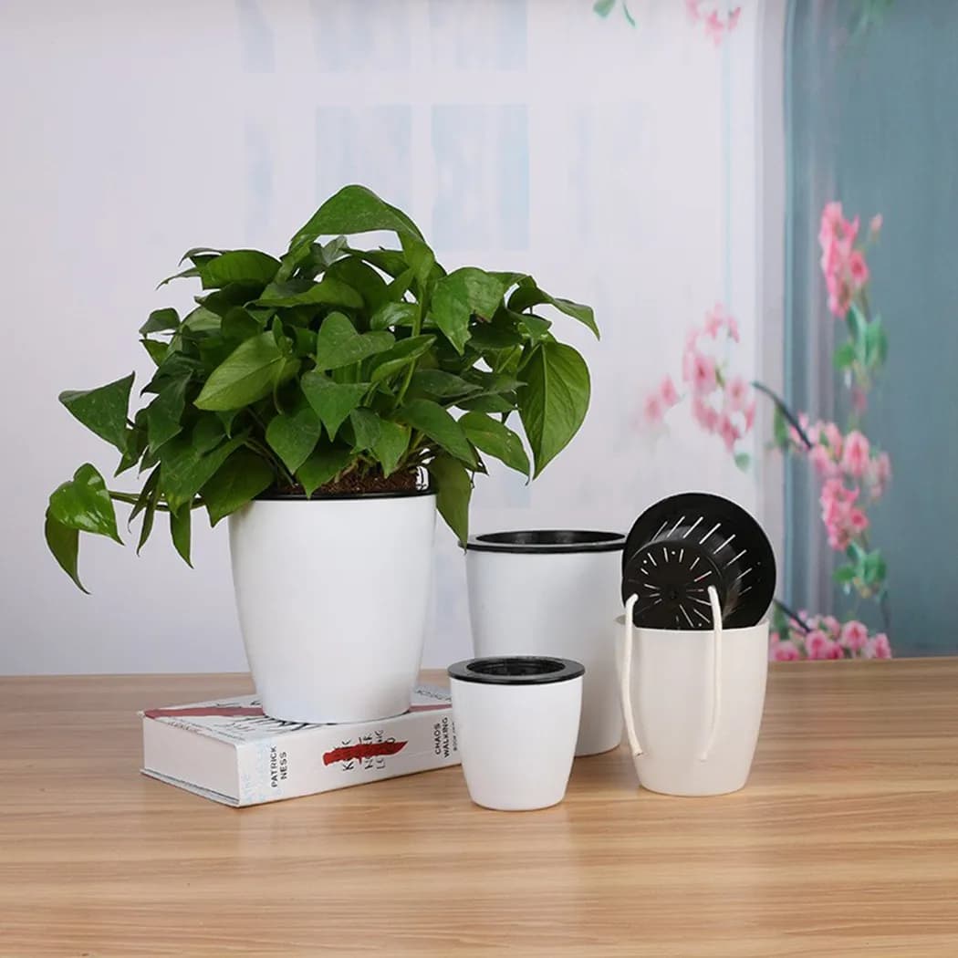 Conjunto de vasos automáticos de plantas de rega em forma de cilindro com tampas pretas, estilo porcelana, para jardinagem em casa.