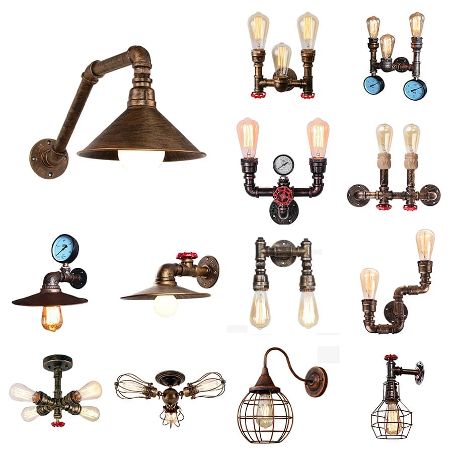 Sete luminárias de parede estilo steampunk com acabamento enferrujado e luzes incandescentes