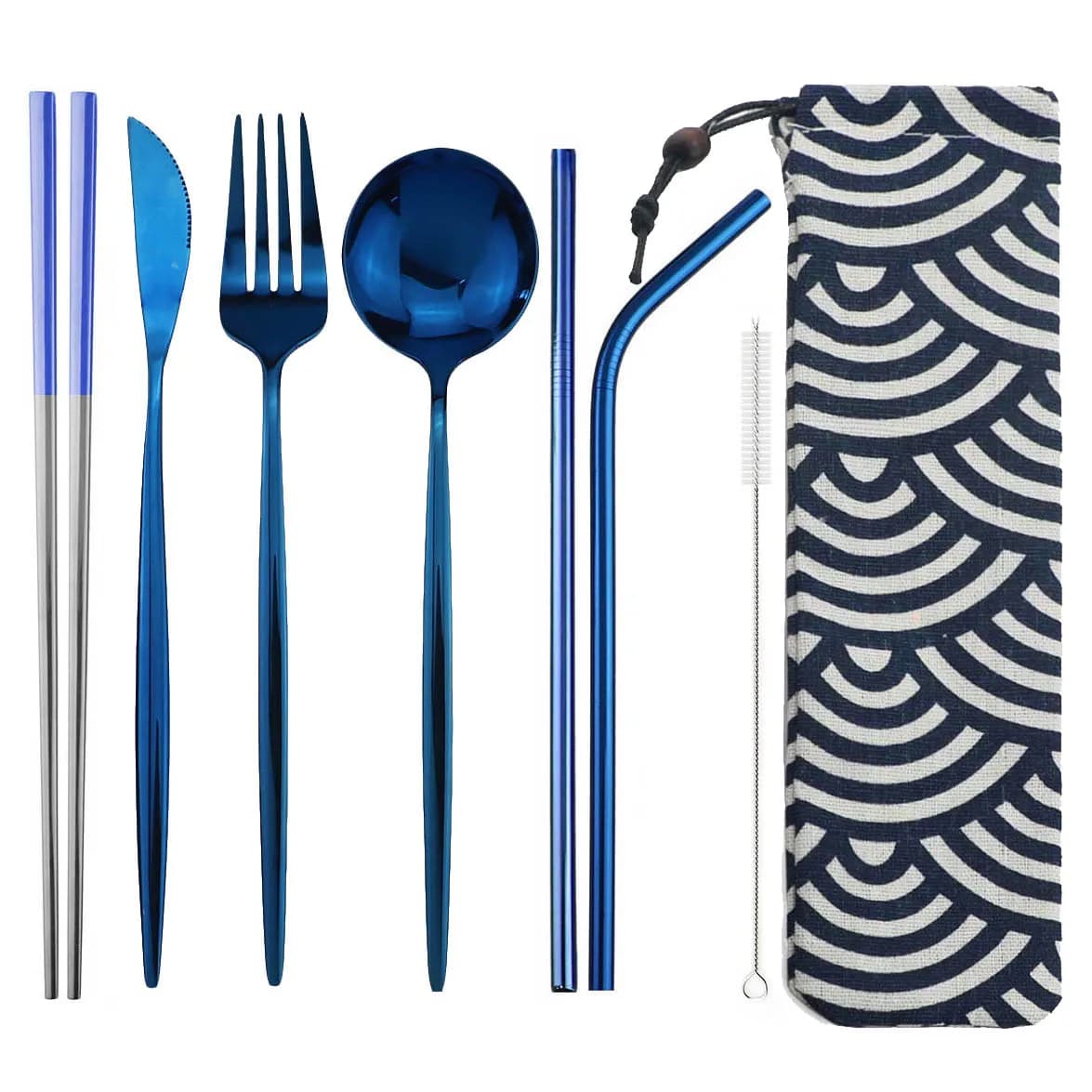 Conjunto portátil de talheres azul em aço inoxidável 304 com bolsa azul estampada 8 peças para viagem