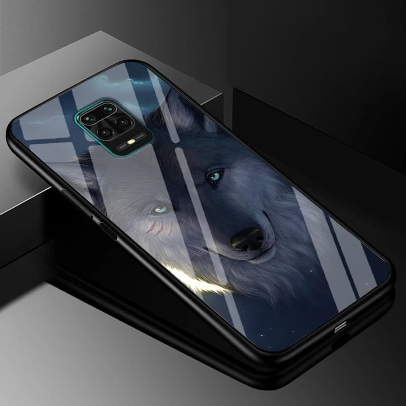Capa para Xiaomi Redmi Note 9 Pro vidro temperado transparente com estampa de lobo cinza e branco