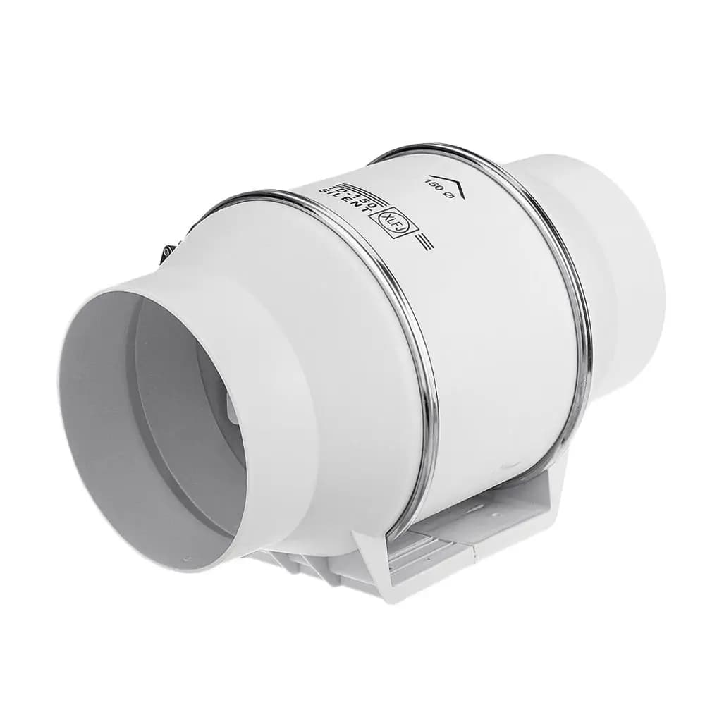 Ventilador de exaustão inline silencioso branco com suporte metálico para duto de ar