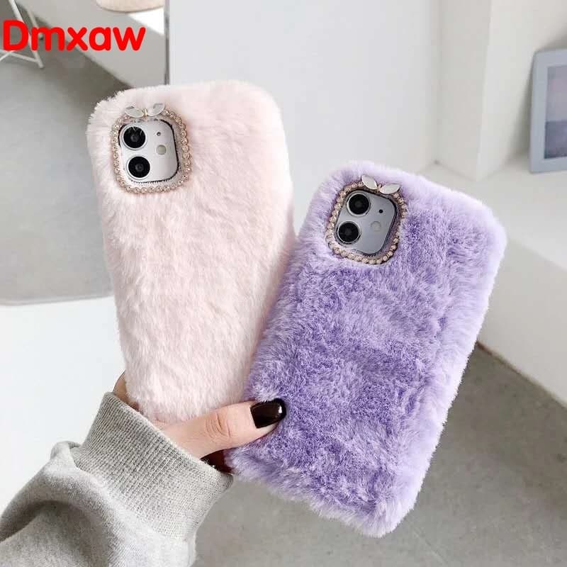 Capas pelúcia rosa e lilás para Xiaomi Redmi 9C 8A 10X Pro com acabamento macio e detalhe brilhante na câmera