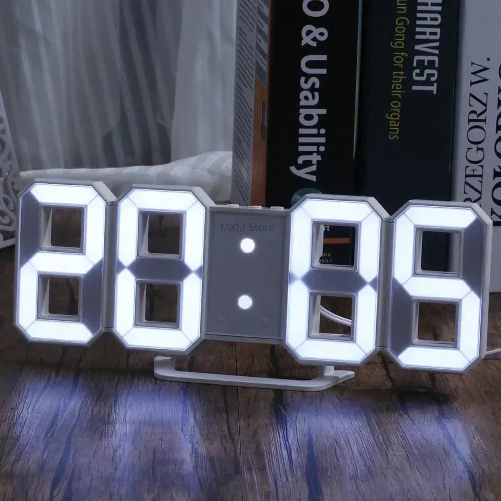 Relógio digital 3D de LED com iluminação noturna, números 88:88, fundo cinza e branco, iluminação LED.