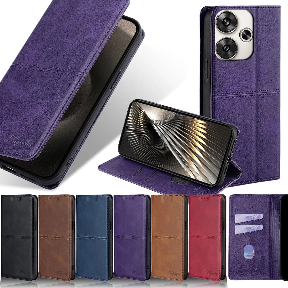Capa de telefone estilo livro em couro magnético para Xiaomi Redmi A3 13, Redmi Turbo 3, cor roxa