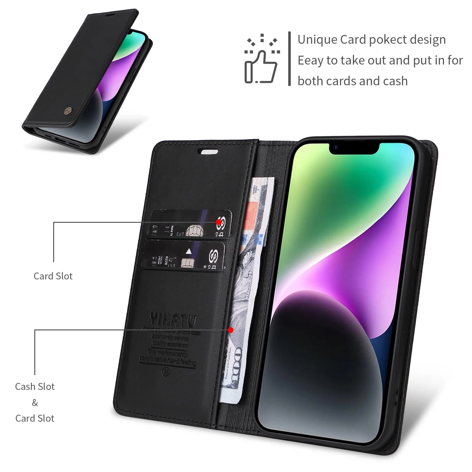 Capa carteira YIKATU preta com design de bolso para cartão e dinheiro compatível com Motorola Moto g Series