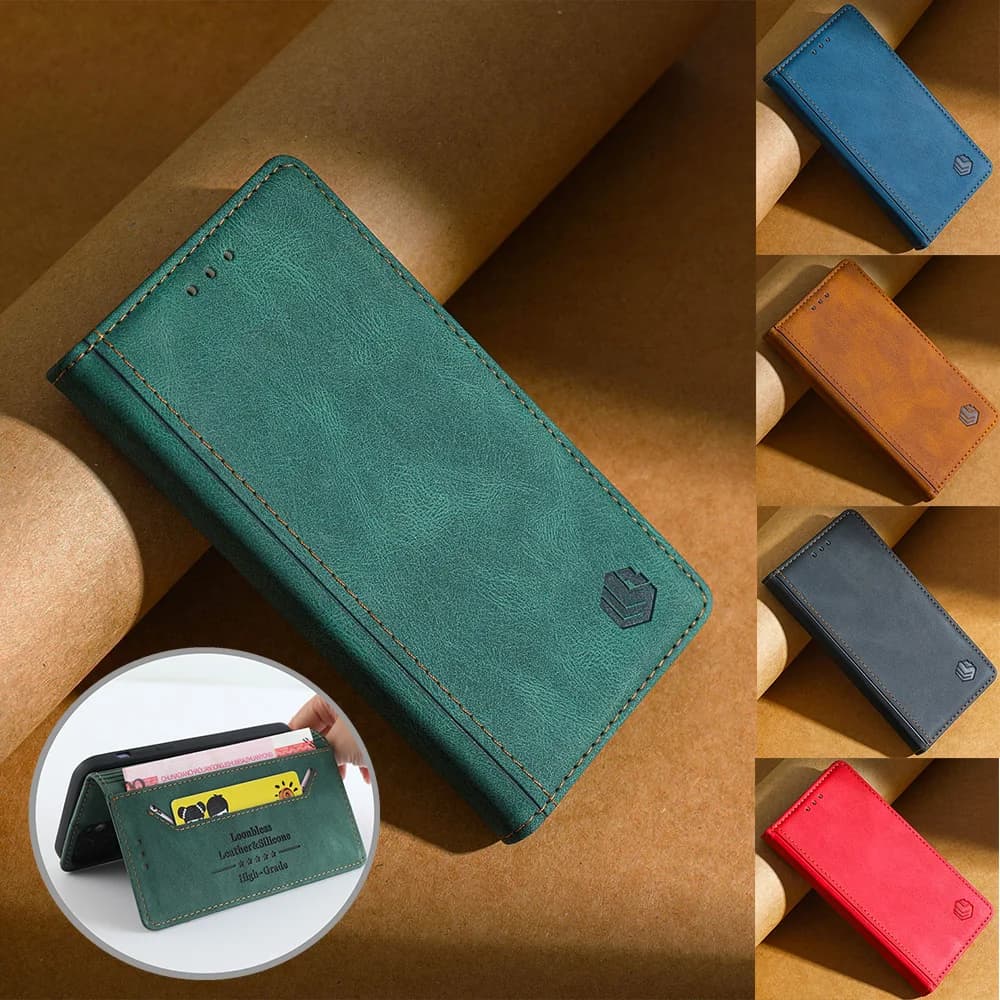 Capa de couro sintético verde para Motorola, estilo carteira, com logotipo em relevo.