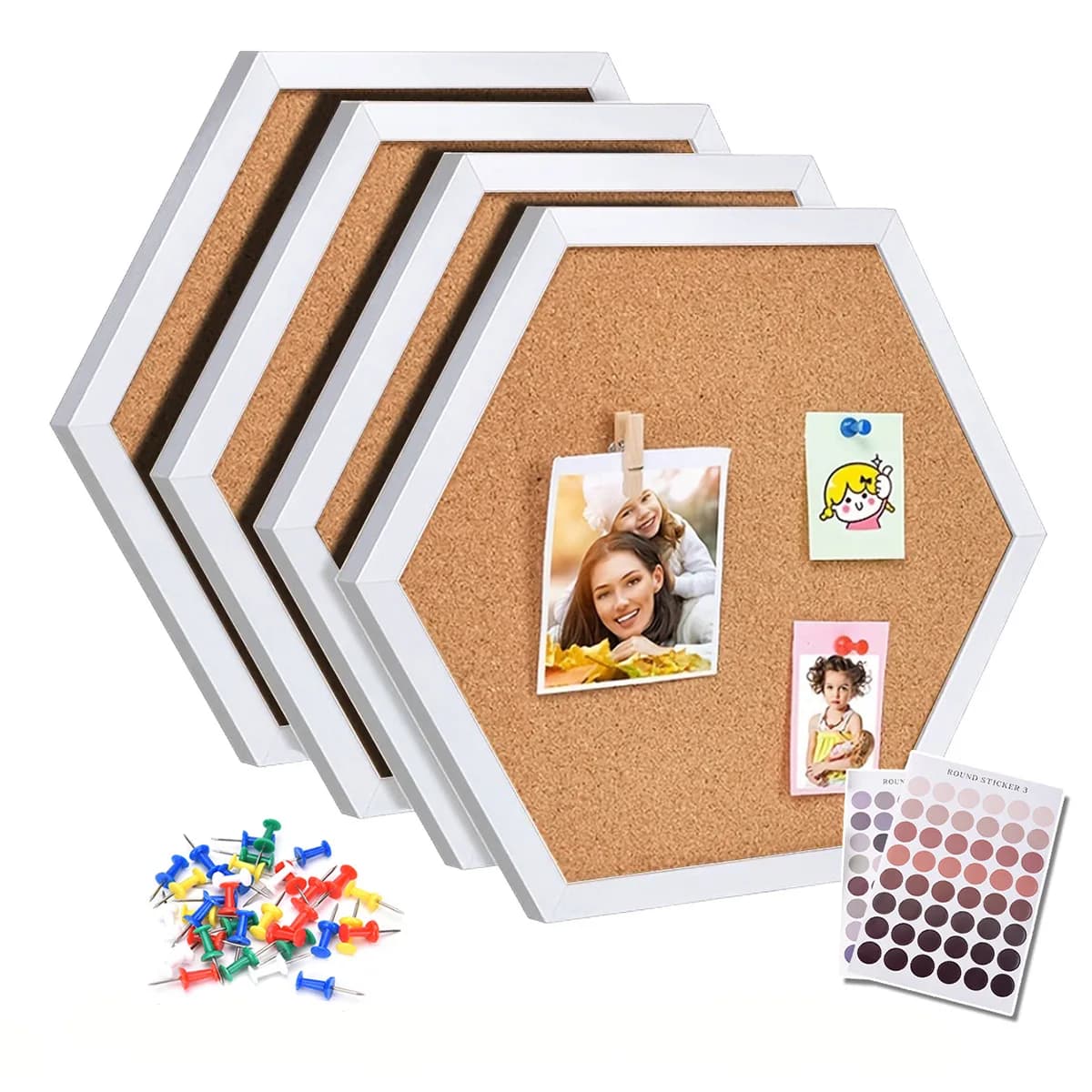 Placas de cortiça hexagonais com moldura branca, pinos e fotos fixados