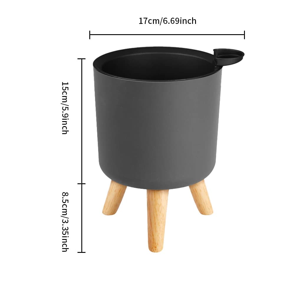 Vaso de plantas auto-rega cinza com pernas de madeira medidas 17cm altura total 23,5cm