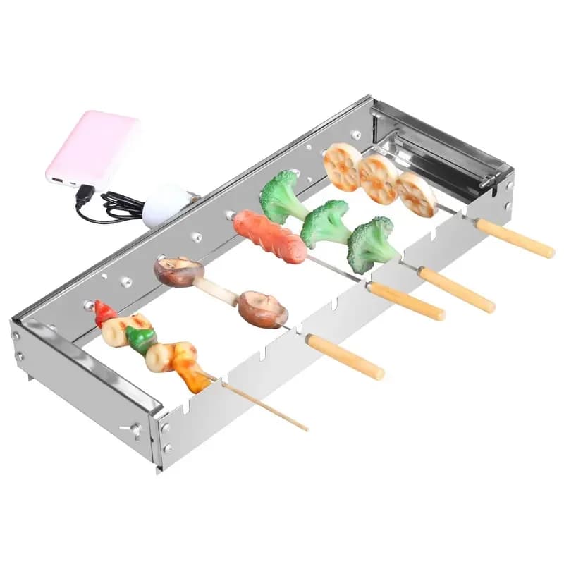 Grelha elétrica compacta para churrasco em aço inoxidável com espetos e alimentos variados