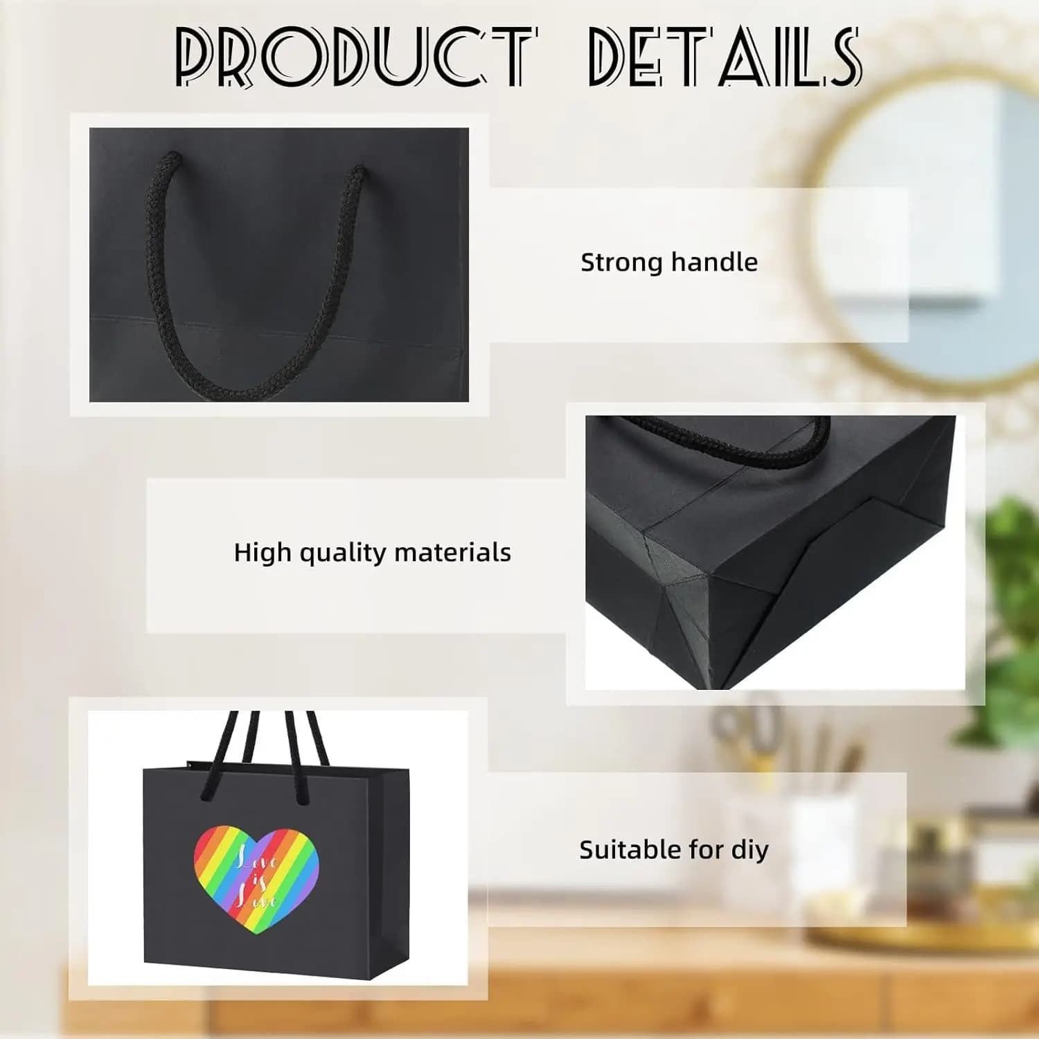 Saco de presente de papel preto com alças resistentes e material de alta qualidade para uso DIY