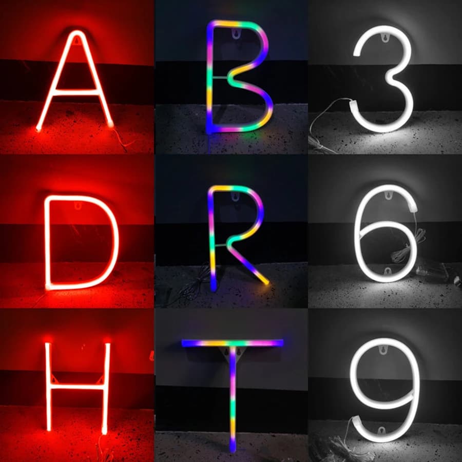 Letras e números LED neon Jácotei em cores vermelha, branca e multicolor para decoração