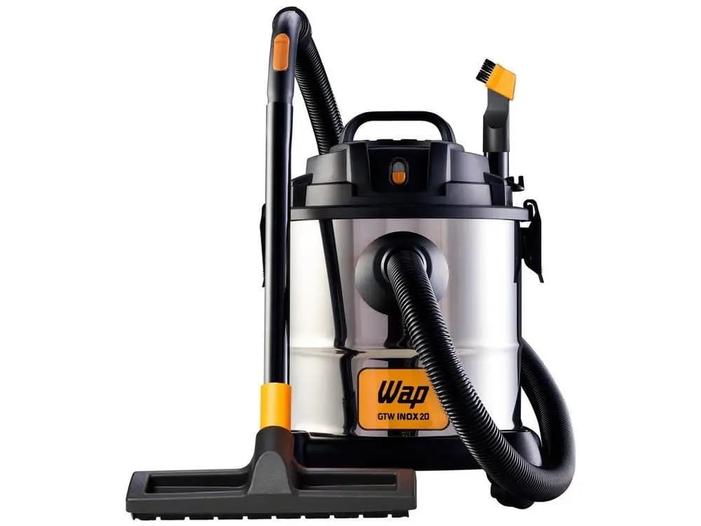 Aspirador de Pó e Água Wap GTW Inox 20 com - 110V, preto e prata, com tubo e escova de limpeza.