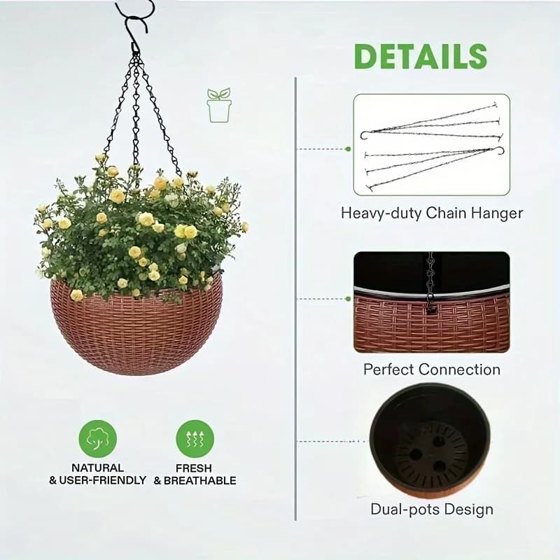 Detalhes do vaso suspenso marrom com corrente resistente e design de vasos duplos para drenagem