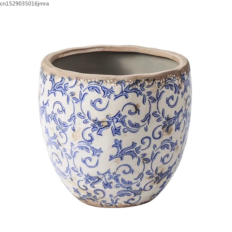 Vaso cerâmico vintage azul e branco com padrão floral grande para decoração de jardim