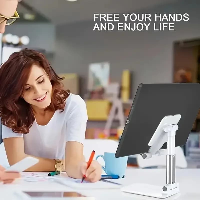Suporte para celular dobrável e telescópico preto em metal com base ajustável para mesa