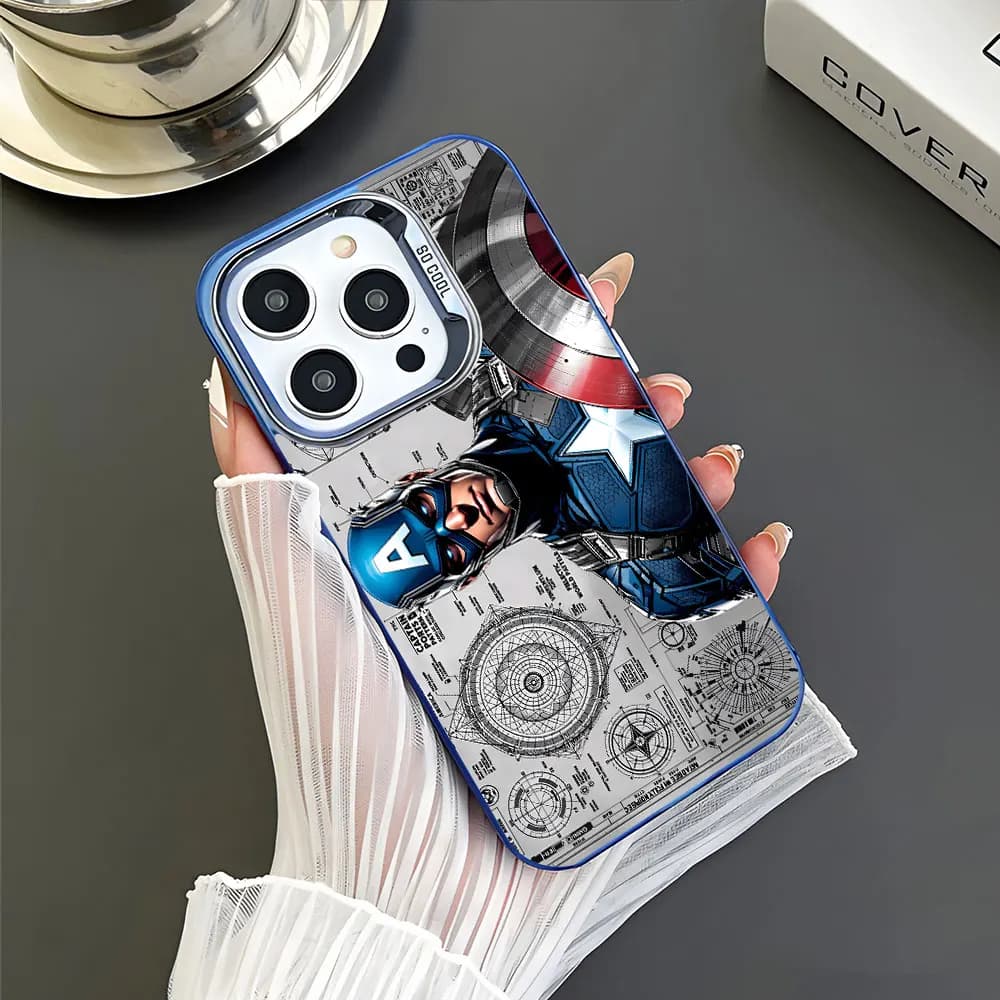 Capa temática Capitão América azul para Xiaomi Redmi Note com detalhes do escudo e design técnico em fundo cinza