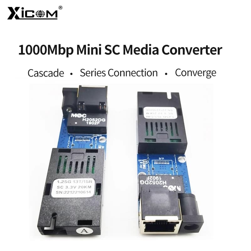 Conversor de mídia Mini SC 1000Mbps com portas RJ45 e componentes visíveis