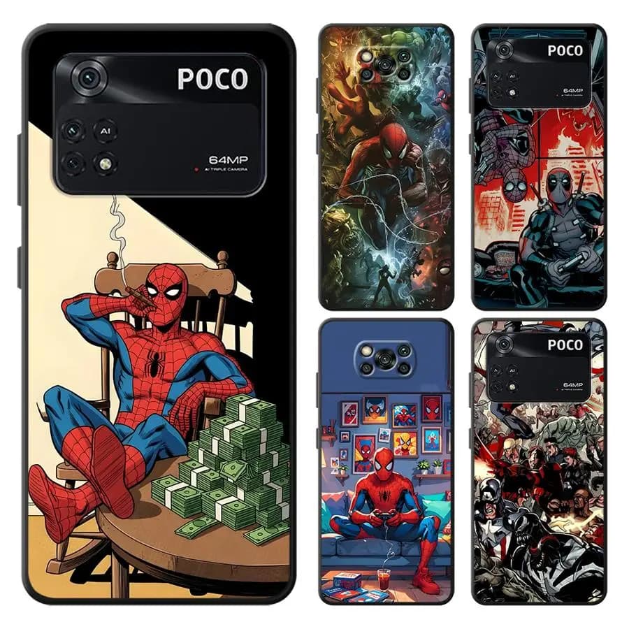 Capa de telefone Xiaomi Poco com design do Homem-Aranha sentado com dinheiro
