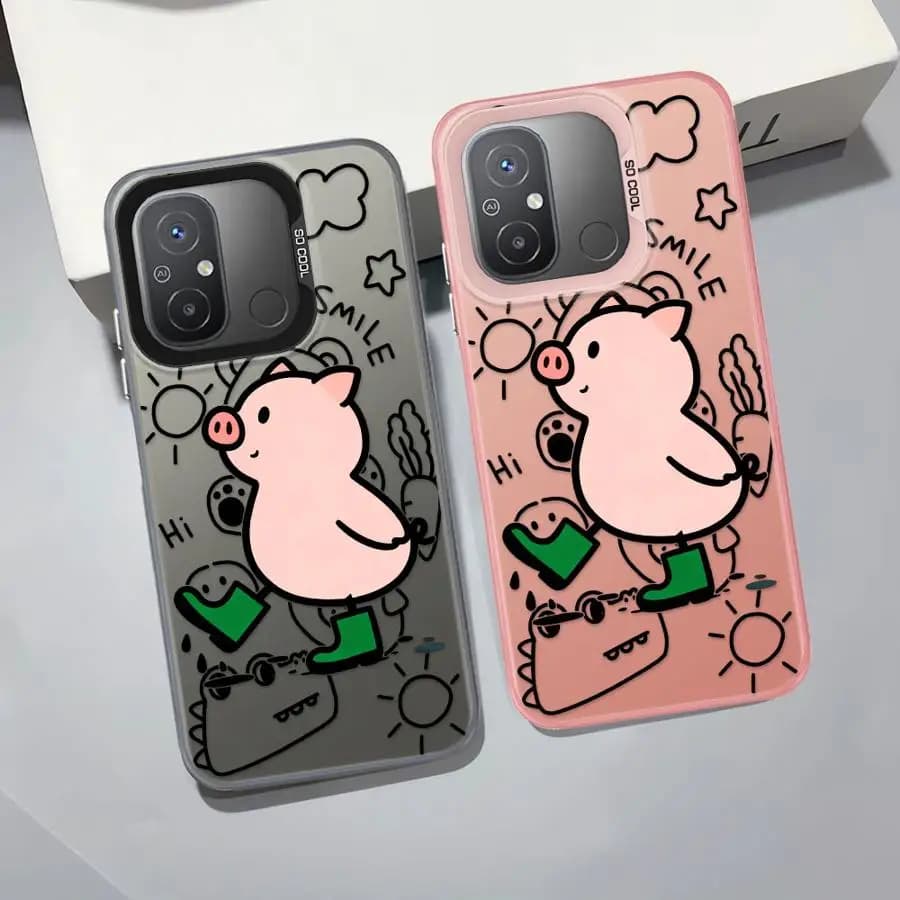 Capas para Xiaomi Redmi Note em cinza e rosa com porquinho fofo e detalhes antirrisco