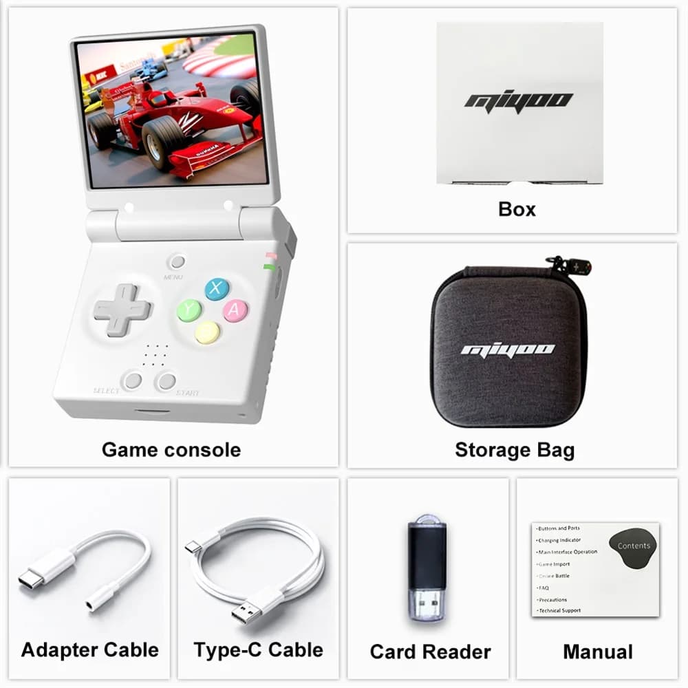Conteúdo da caixa do console MIYOO Mini Flip cinza incluindo console, bolsa, cabos, leitor de cartão e manual