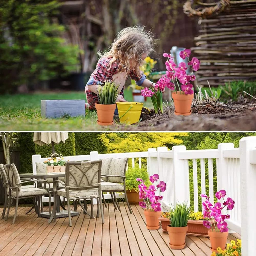 Vasos terracota Jácotei usados em jardim e varanda com flores e plantas decorativas