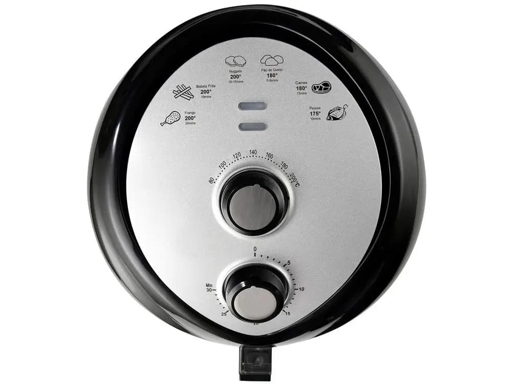 Painel de controle da fritadeira elétrica Nell Fit Air Fryer preta com botões de temperatura e tempo