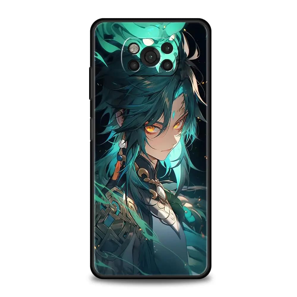Capa Xiaomi Poco com estampa colorida do personagem Zhongli de Genshin Impact com fundo escuro