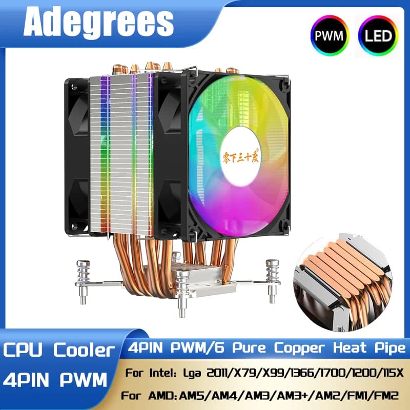 Cooler de Ar para CPU AM4 com 6 Tubos de Calor PWM RGB Ventilador para Intel LGA X99 2011 1700 1150 1151 1366 1155 X79 AMD AM5 AM3