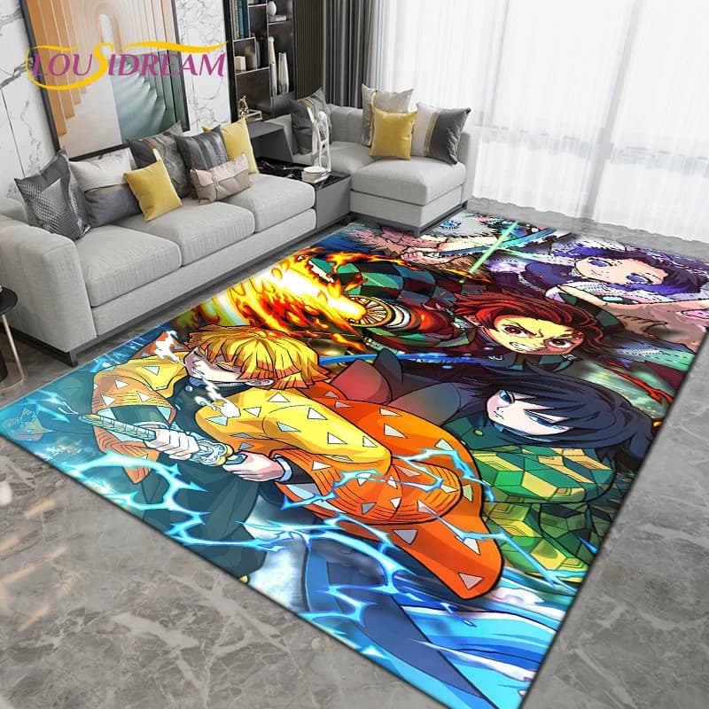 Tapete grande Demon Slayer antiderrapante com personagens coloridos em pose dinâmica
