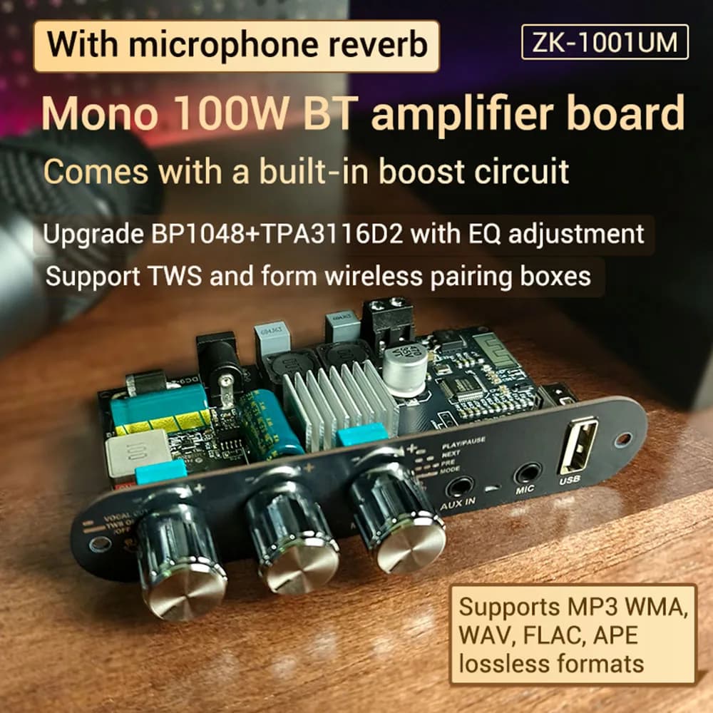 Placa amplificadora ZK-1001UM mono 100w bluetooth 5.3 dc 9-24v com módulo amplificador de reverb de microfone bp1048 + tpa3116d2