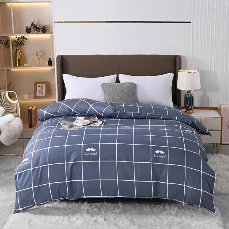 Conjunto de cama azul marinho 4 peças full com estampa quadriculada branca e detalhes em branco