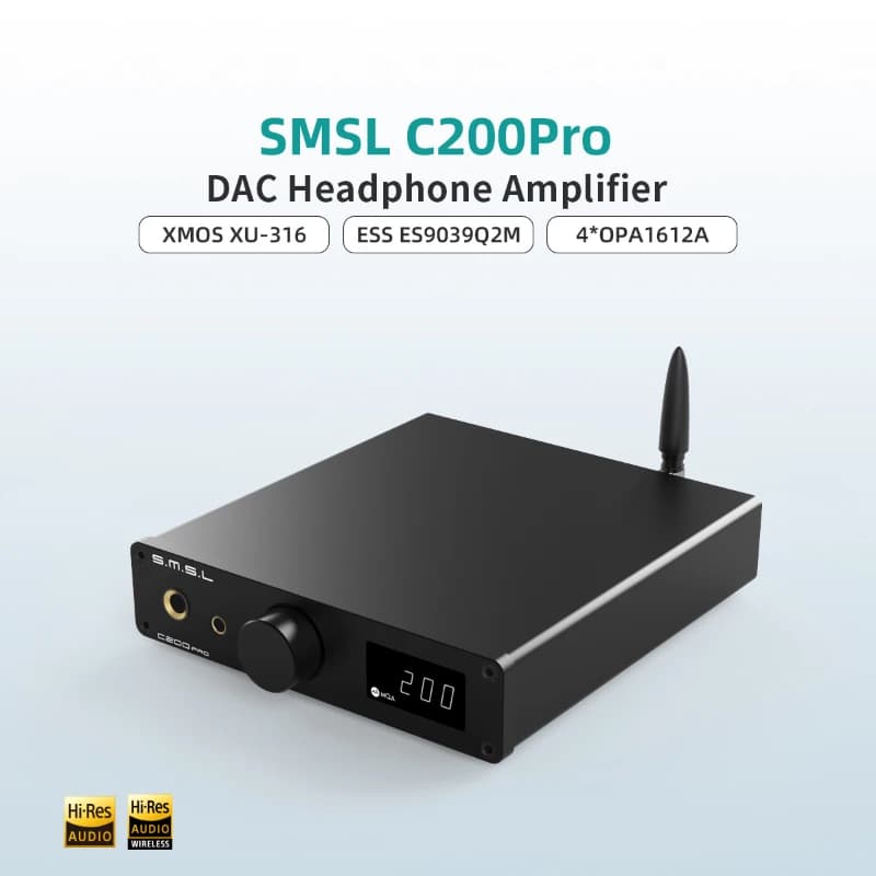 Amplificador de fone de ouvido SMSL C200 PRO, preto, com antena e display digital.