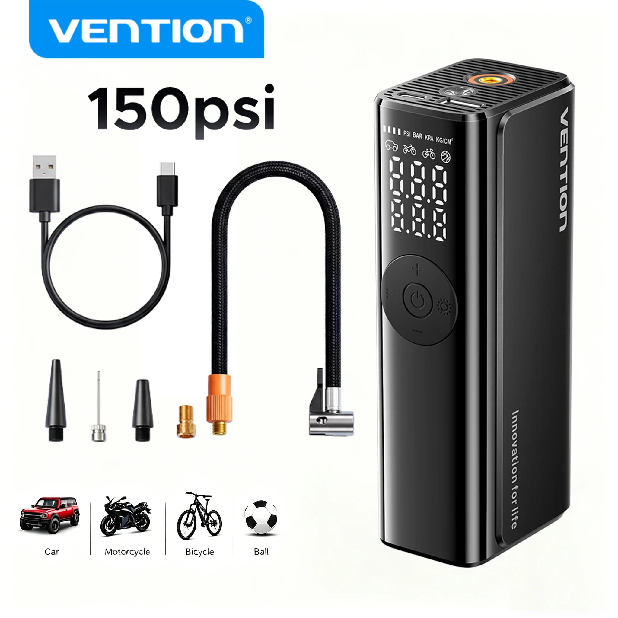 Bomba de Ar para Carro Vention 5200mAh com Display LCD e Acessórios