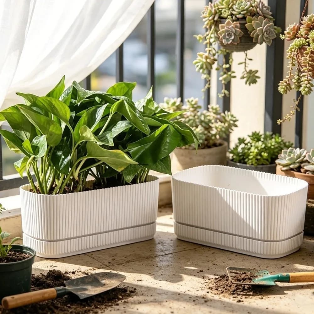 Vaso de Plástico Branco com Planta Verde em Varanda