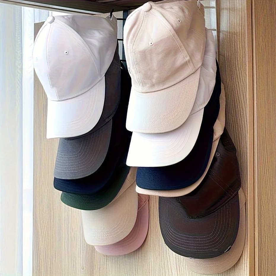 Suporte organizador portátil para chapéus com 6 ganchos preto pendurado em porta com vários bonés