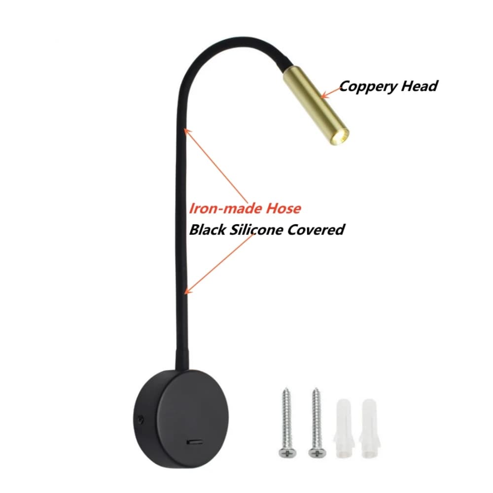 Arandela Tokili Gooseneck com braço flexível preto e cabeça cobre com parafusos e buchas para instalação