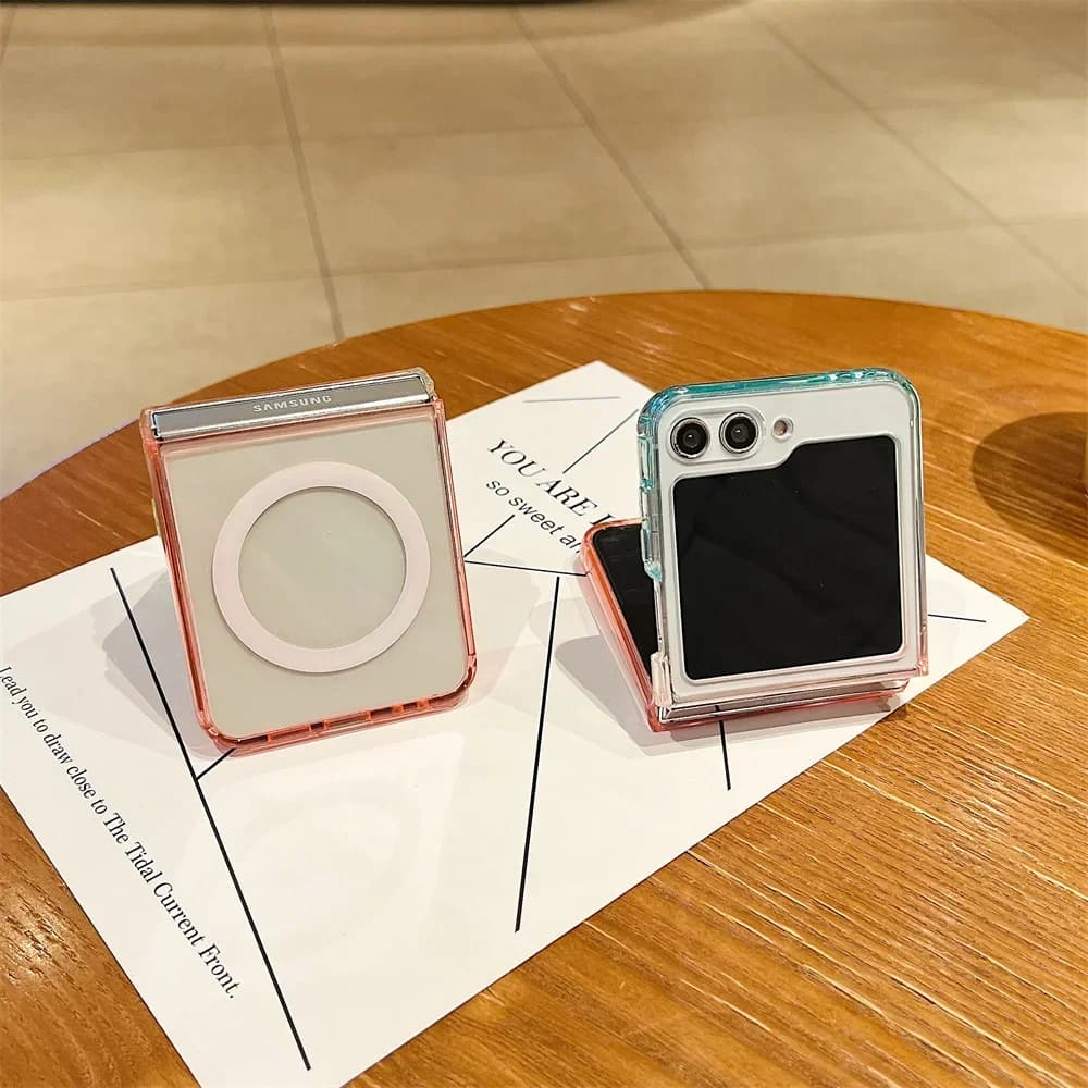 Capas de telefone acrílicas transparentes com gradiente colorido para Samsung Galaxy Z Flip, vista traseira com círculo MagSafe