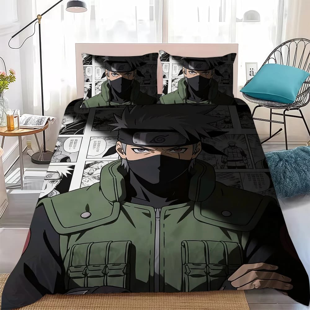 Conjunto capa de edredom Naruto branco com estampa do personagem Kakashi em algodão macio 3 peças