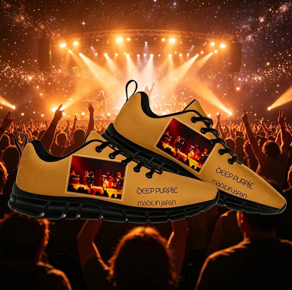 Tênis com estampa 3D da banda Deep Purple, feito no Japão, estilo casual e urbano.