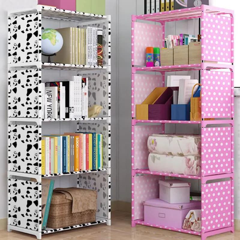 Estante para livros Jácotei rosa com bolinhas brancas, 5 prateleiras, design moderno e contemporâneo