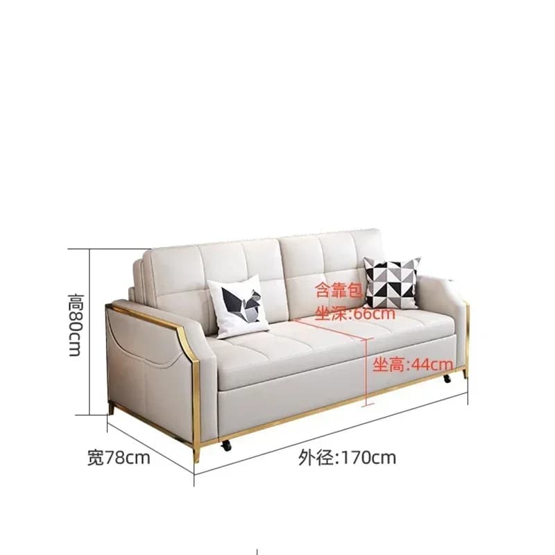 Sofá cama retrátil luxo branco com medidas 170x78x80cm e estrutura metálica dourada