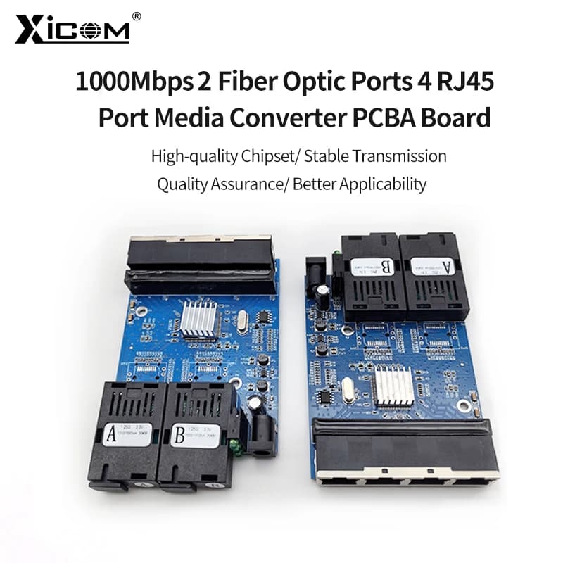 Interruptor de fibra óptica conversor Ethernet 1.25G com 2 portas fibra e 4 portas RJ45 placa azul Xicom