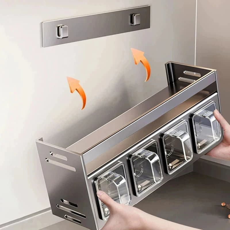 Prateleira de especiarias de parede em aço inox removível com compartimentos transparentes para temperos