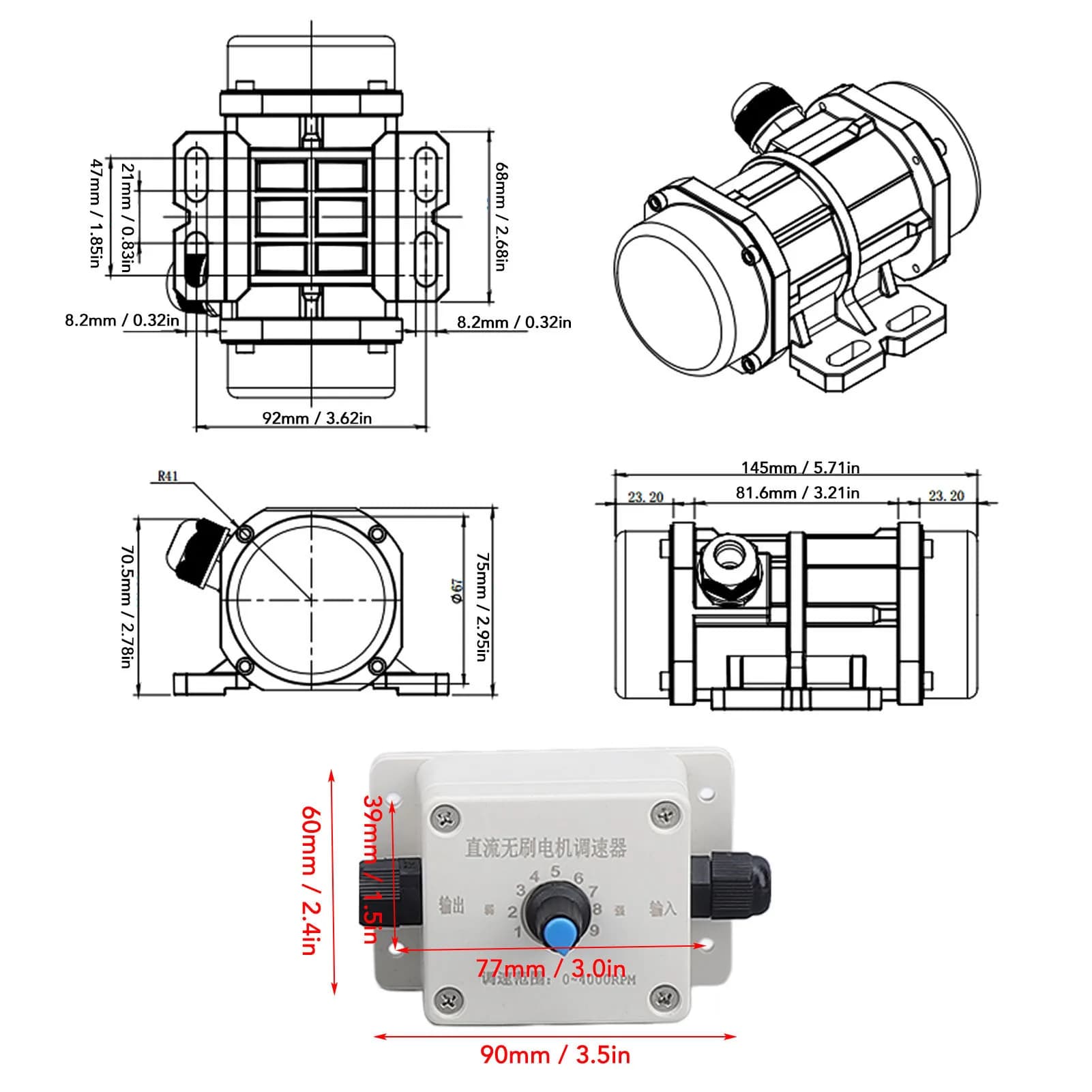 Desenho técnico com dimensões do motor vibrador de concreto brushless 12V DC e controle de velocidade branco