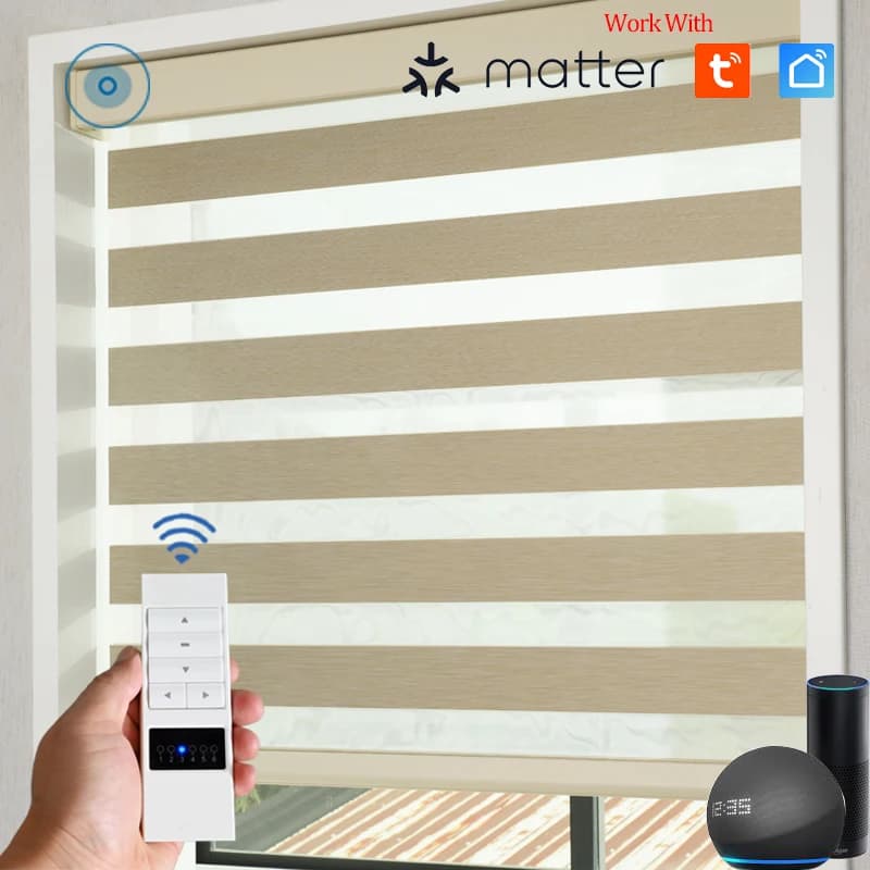 Persiana zebra motorizada SmartMatters para janelas, controle remoto com ícone de WiFi