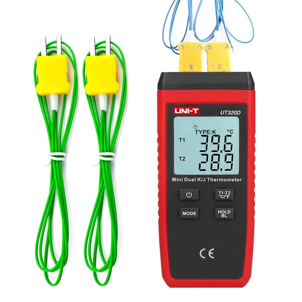 Termômetro digital UNI-T UT320A UT320D com termopares tipo K e J, mostrando temperaturas de 396°C e 209°C