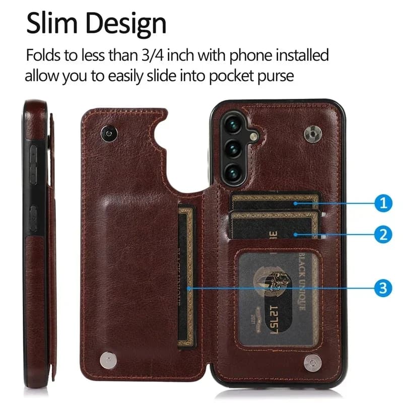 Capa de couro marrom para Samsung com botão duplo e suporte para cartões