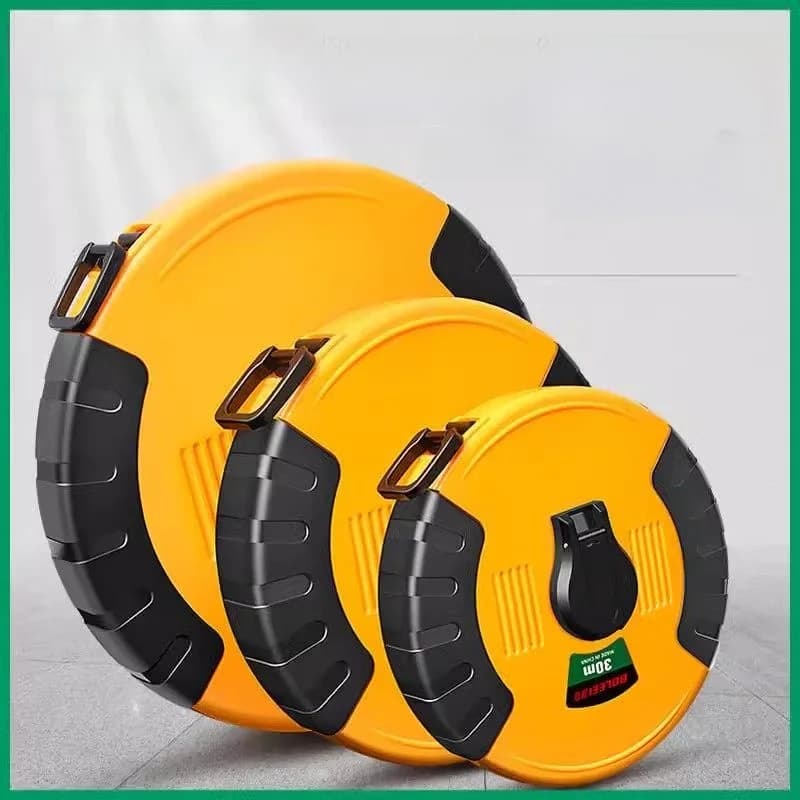 Fita métrica de engenharia de precisão 50m e 100m, amarela e preta, com etiqueta verde.